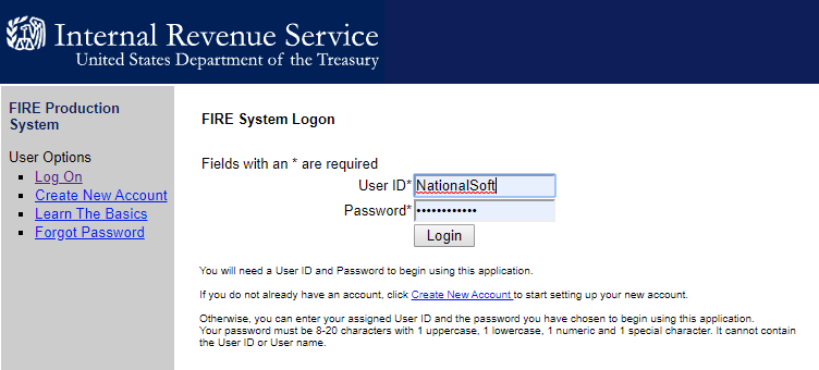 Log into IRS FIRE System