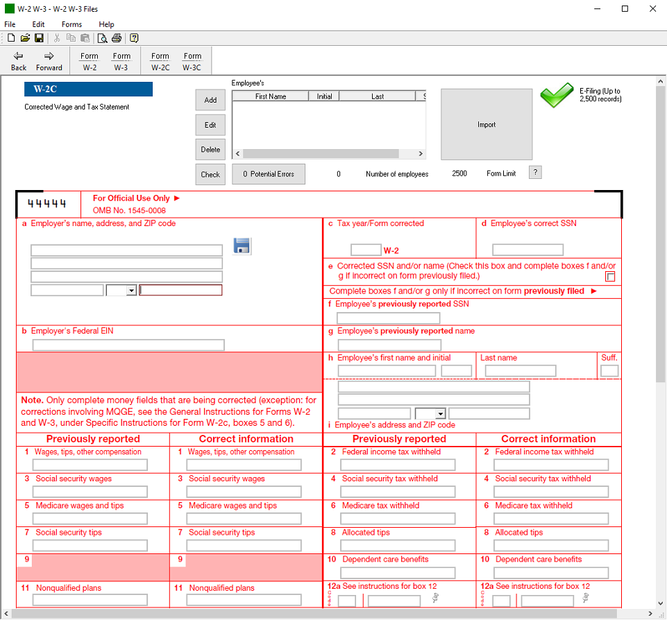 2 Official IRS Tax Forms W-2c Corrected Wage/Tax Stmt 5 employees+ W-3c ANY YEAR 