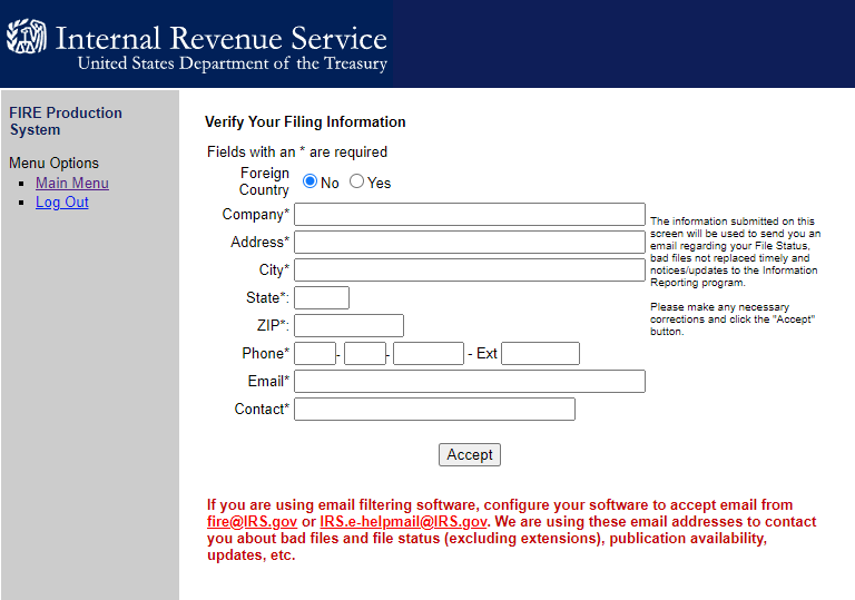 IRS FIRE Verify Filing Information